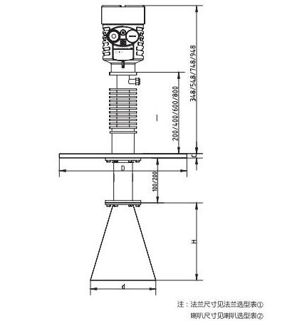 高溫喇叭天線(xiàn)雷達物位計外型尺寸圖